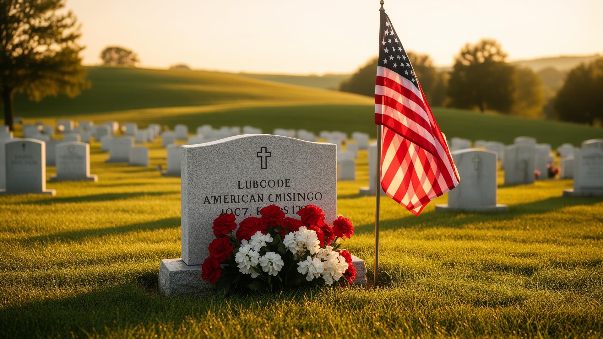 An American flag beside a clean headstone with fresh flowers in a peaceful Northern California cemetery at sunrise
